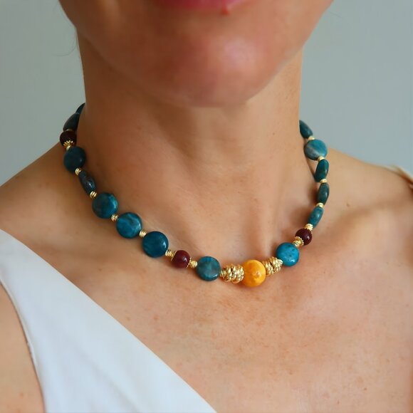 Baltic Amber and Azurite Necklace - Handmade - Picture 4 of 5